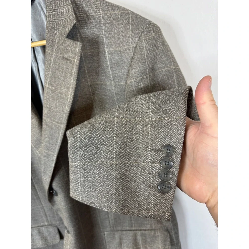 Pronto Uomo Couture Mens 44 Short Brown Windowpane Wool Silk Linen‎ Sport Coat